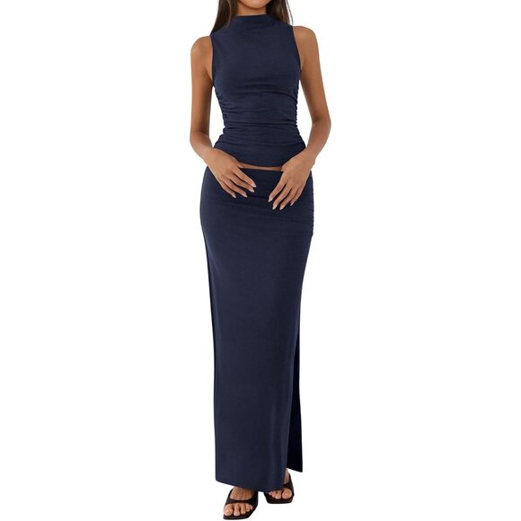 Dresses & Skirts - Women's Navy Blue Two Piece Sets Going Mock Neck Sleeveless Knit Tops Maxi Skirt